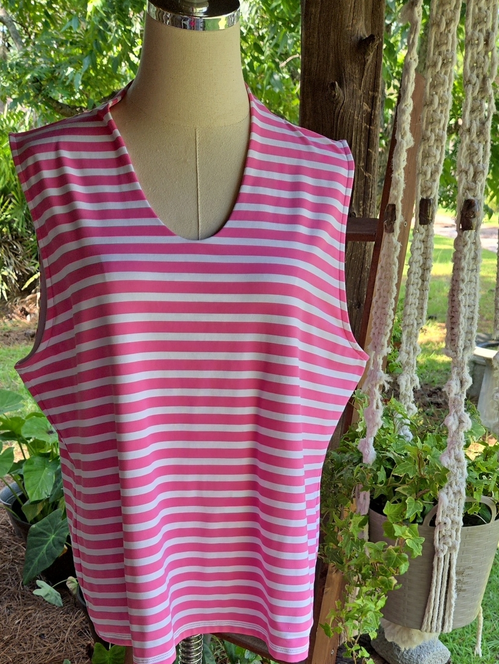 Talbots Pink And White Stripe V-neck Sleeveless Top Size Extra Large